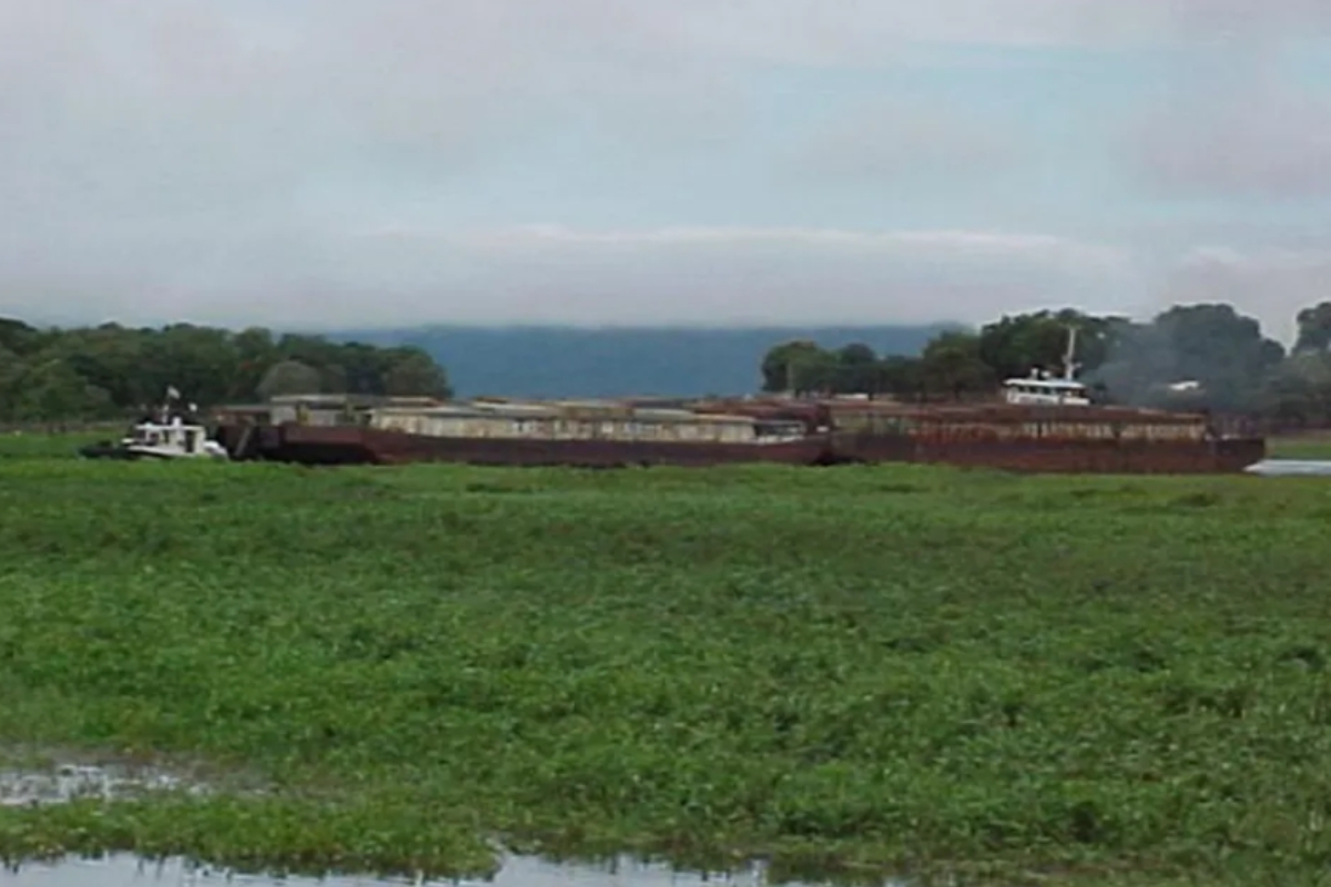 Comboio atravessa Rio Paraguai no Pantanal Mato-grossense