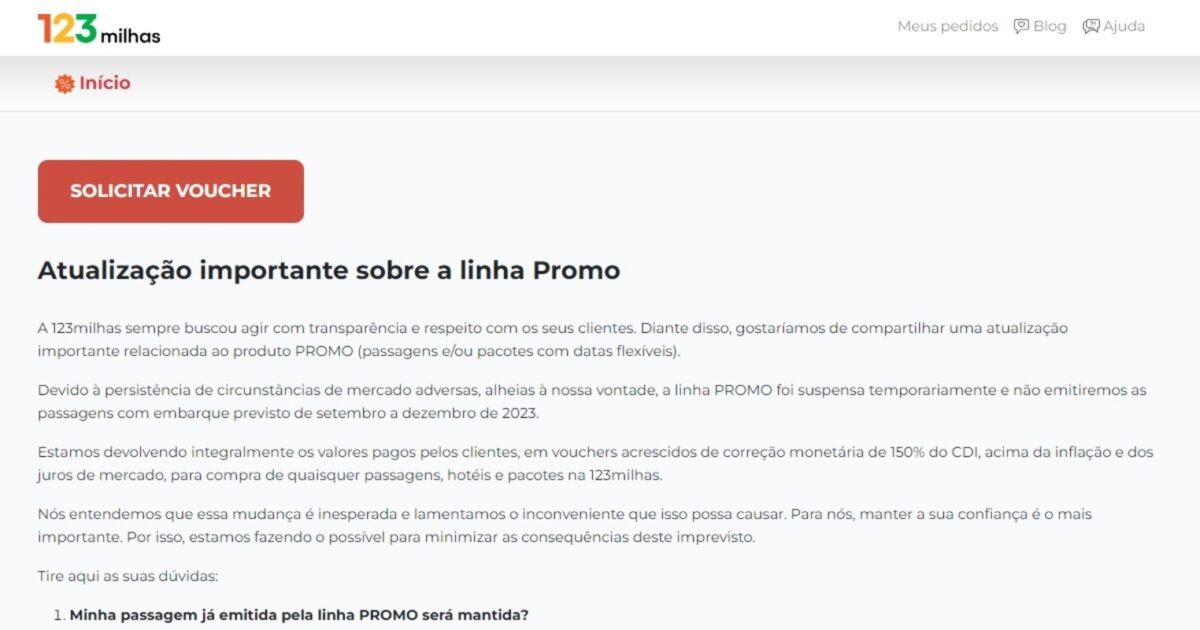 Página para pedir os vouchers no site da 123Milhas. (Foto: Reprodução)