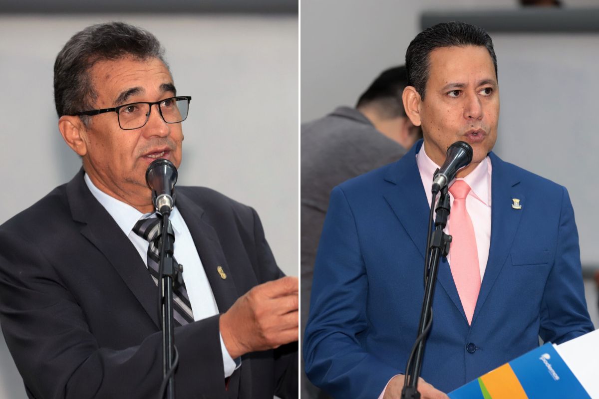 Montagem mostra os vereadores Ayrton Araújo (PT) e Clodoilson Pires (Podemos) durante a sessão da Câmara Municipal de Campo Grande nesta quinta-feira, 17 de agosto de 2023 (Foto: Izaias Medeiros/Câmara CGMS)