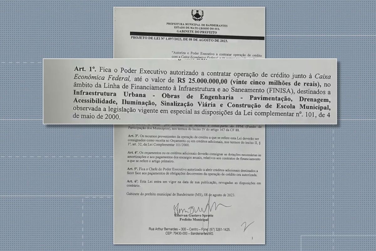 Trecho do projeto de lei da prefeitura de Bandeirantes para contratar empréstimo de R$ 25 milhões (Foto: TV Morena)