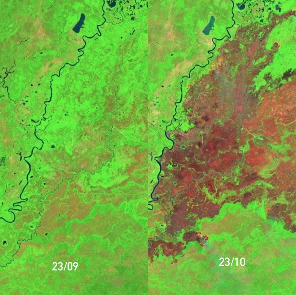 Antes e depois do Parque Estadual Encontro das Águas. (Foto: Reprodução)