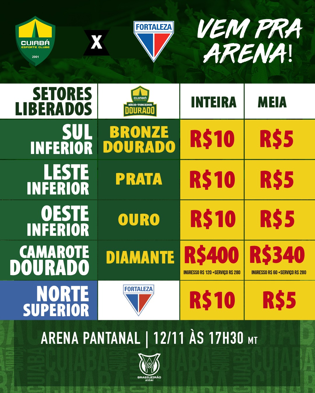 Tabela de valores da partida entre o Cuiab e Fortaleza. (Foto: Reproduo)