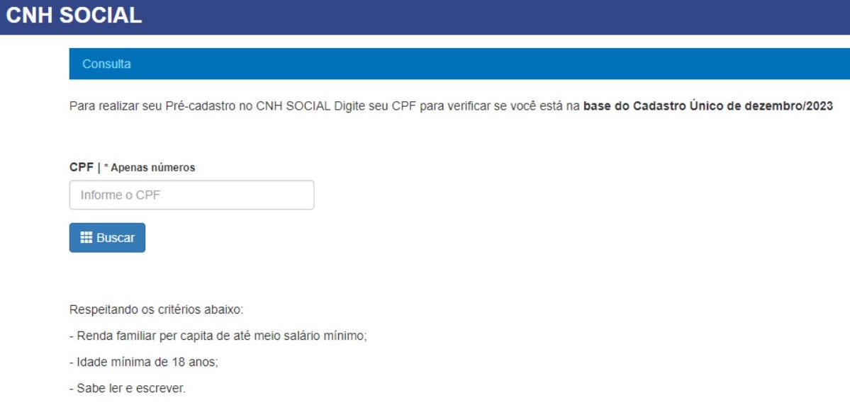 Imagem mostra sistema de inscrição da CNH Social 