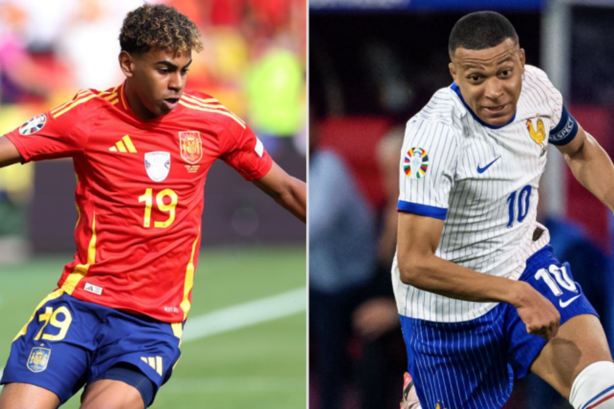 Lamine Yamal Nasraoui Ebana da Espanha e Kylian Mbappé Lottin da França jogam pela Eurocopa (Getty Images)