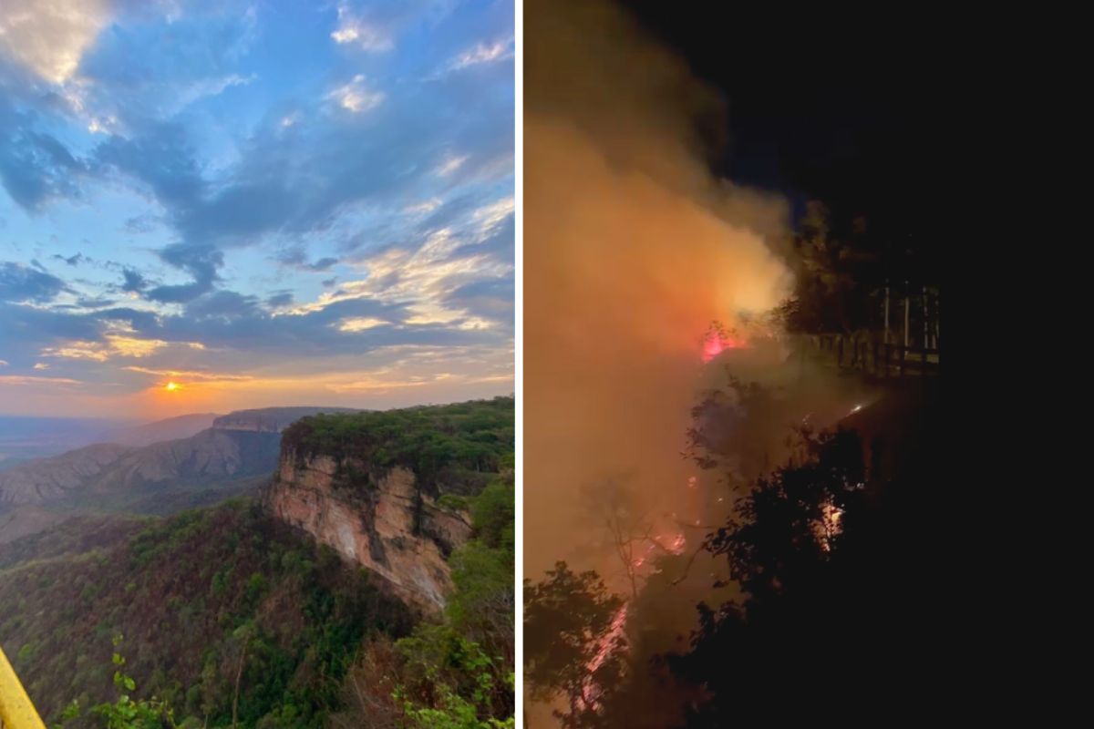 Antes e depois da paisagem do mirante tomado pelo fogo em Chapada. (Foto: Reprodução)