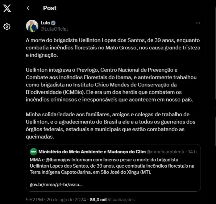 NOTA LULA SOBRE MORTE DE BRIGADISTA