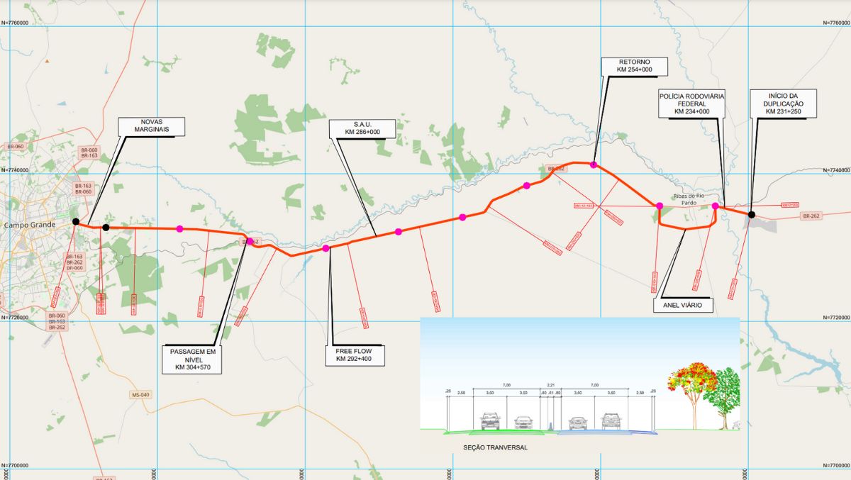 Mapa mostra trecho da BR-262 que será duplicado entre Campo Grande e Ribas do Rio Pardo (Foto: EPE)