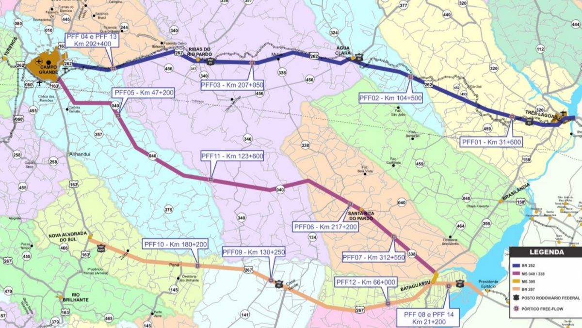 Mapa mostra pontos dos pórticos de pedágio na Rota da Celulose - BR-262, BR-267, MS-040 e MS-338 (Foto: EPE)