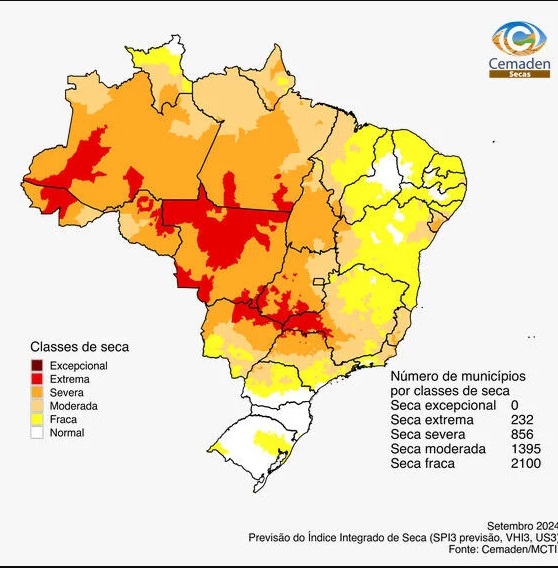 MT está entre regiões de seca extrema em setembro. (Fonte: Cemaden)