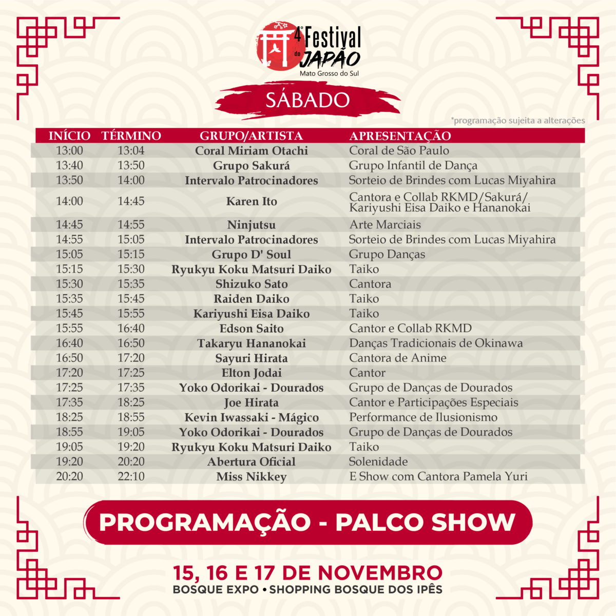 Programacao SABADO festival do japao