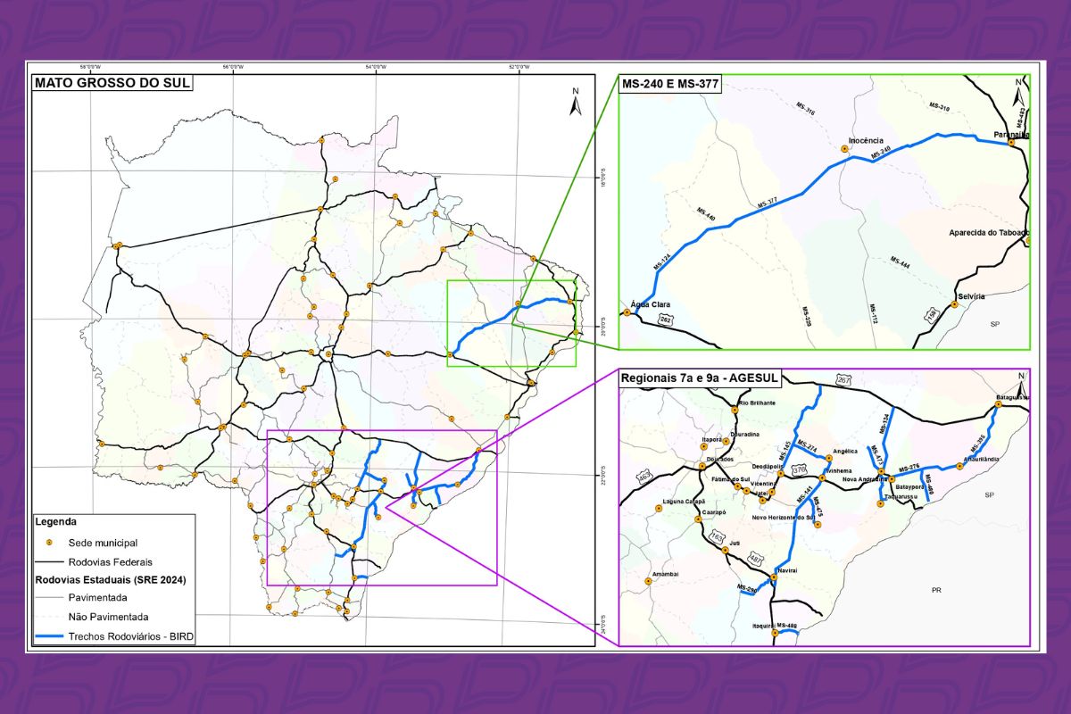 Mapa mostra rodovias de MS que terão investimento com empréstimo de US$ 200 milhões do Bird (Foto: Agesul)