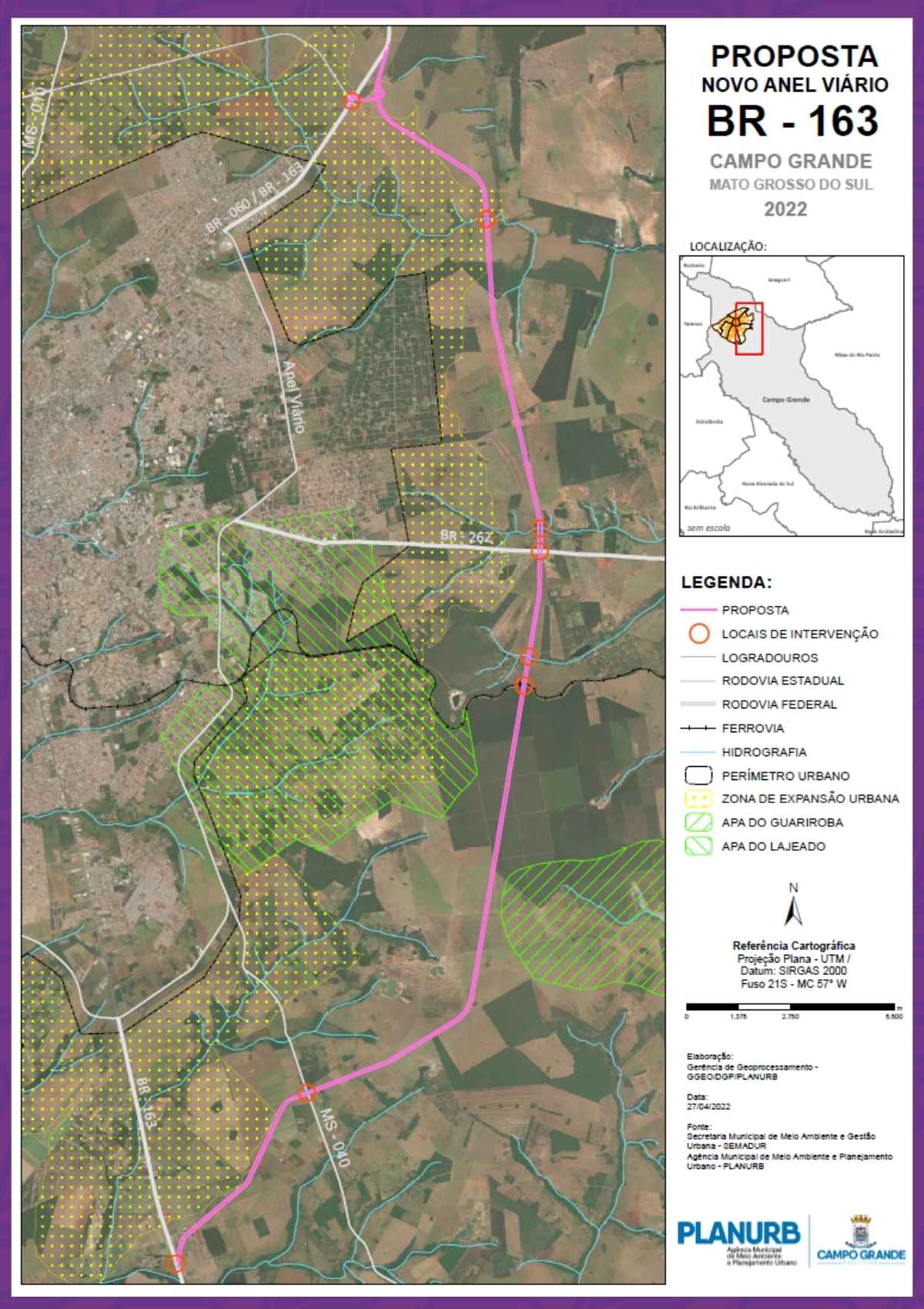 Mapa mostra novo traçado do anel rodoviário de Campo Grande na BR-163/MS (Foto: Planurb)