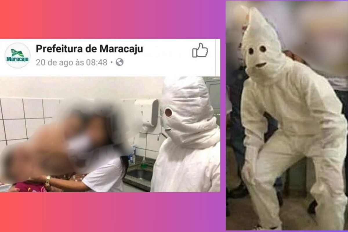 Fantasia do Zé Gotinha em Maracaju é comparada com a roupa da Ku Klux Klan. (Foto: Reprodução/ Internet)