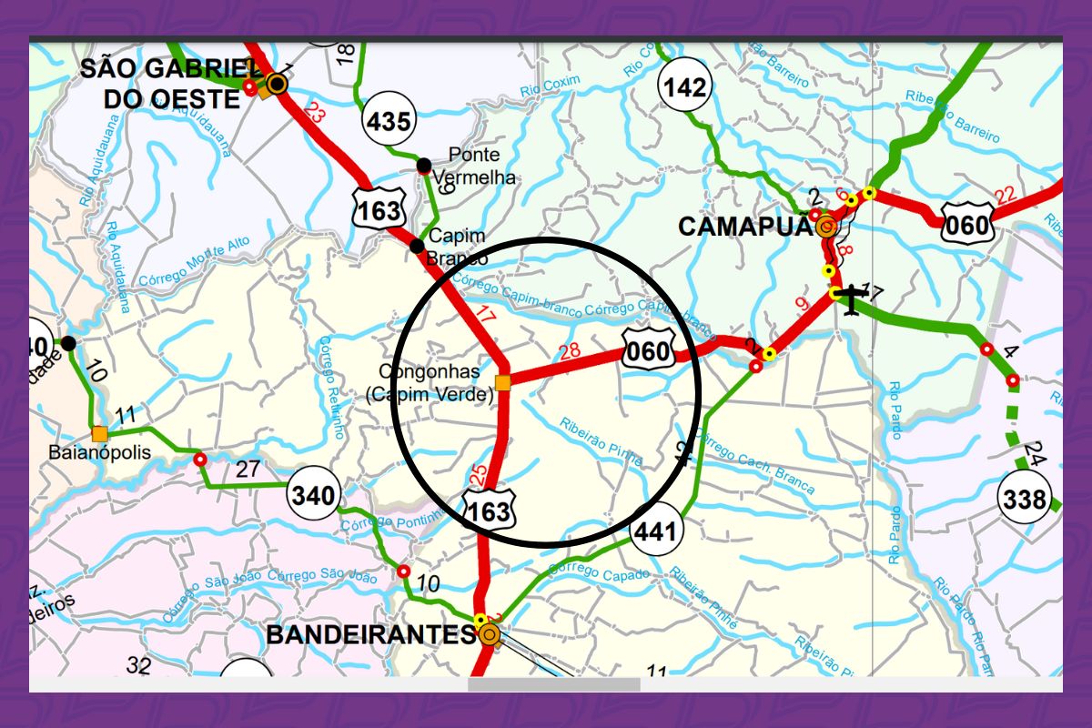 Mapa mostra trecho da BR-163 no entroncamento com a BR-060, em MS (Foto: Agesul)