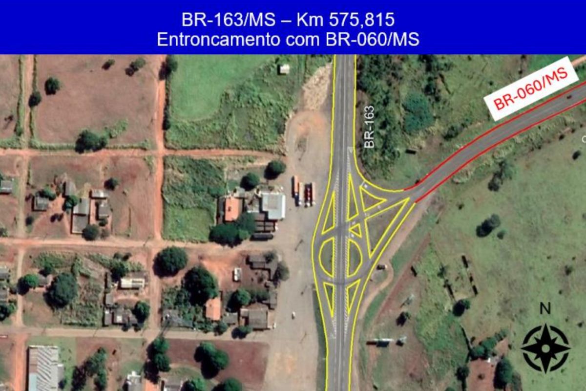 Mapa do km 575 da BR-163, no entroncamento com a BR-060, em Bandeirantes (MS) (Foto: Reprodução/ANTT)