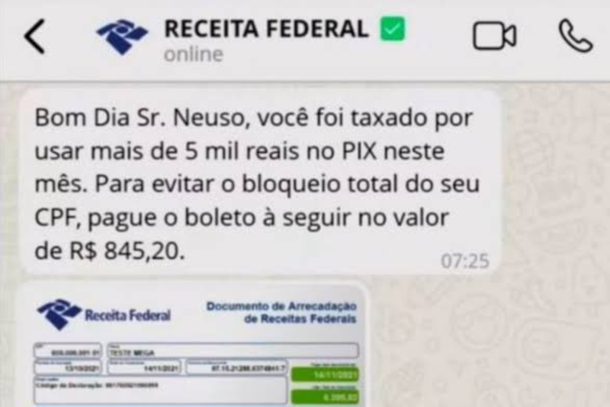 Mensagem com golpe do pix (Foto: Reprodução/ Receita Federal)